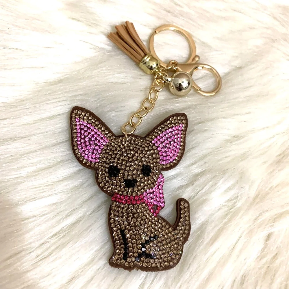 CHIHUAHUA Dog Key Ring Fob Clip on Plush Purse Charm Rhinestones Bling Brown
